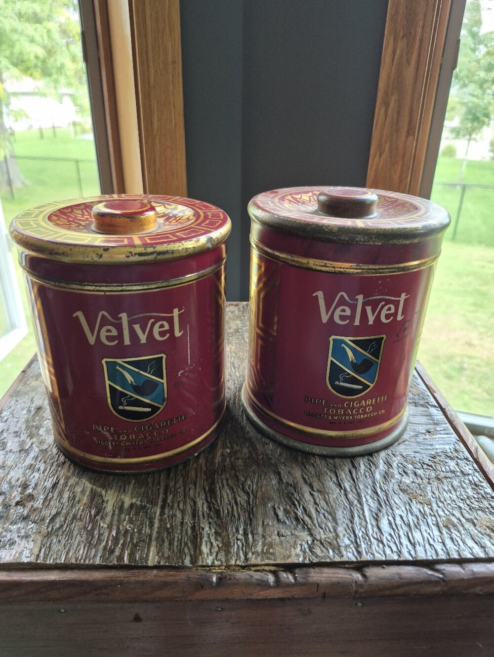 Vintage 1930's Velvet Red Decorative Tobacco Tin - Set of 2